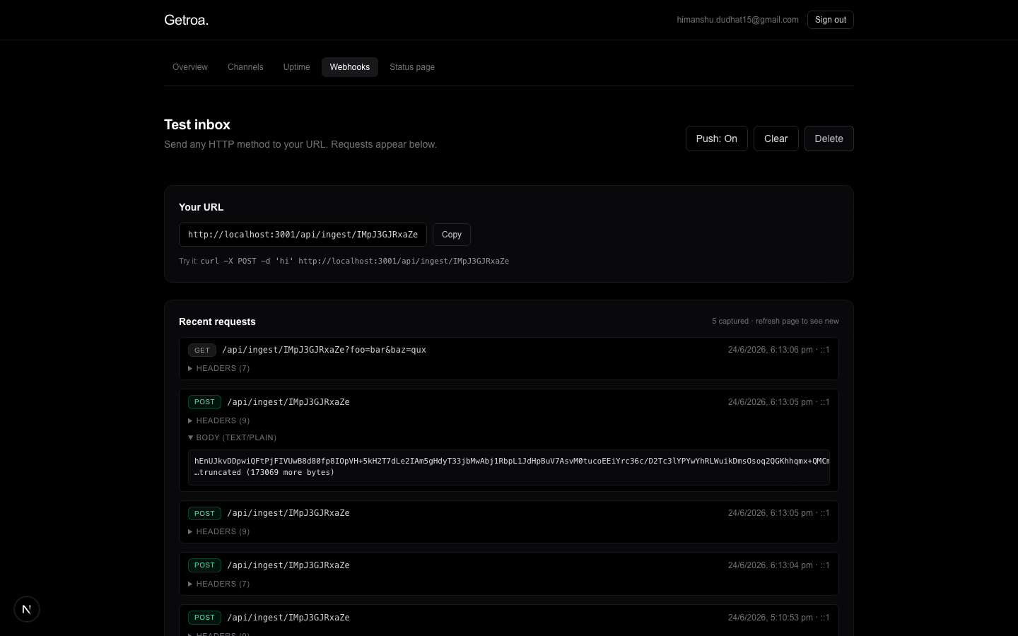Webhook inspector screenshot